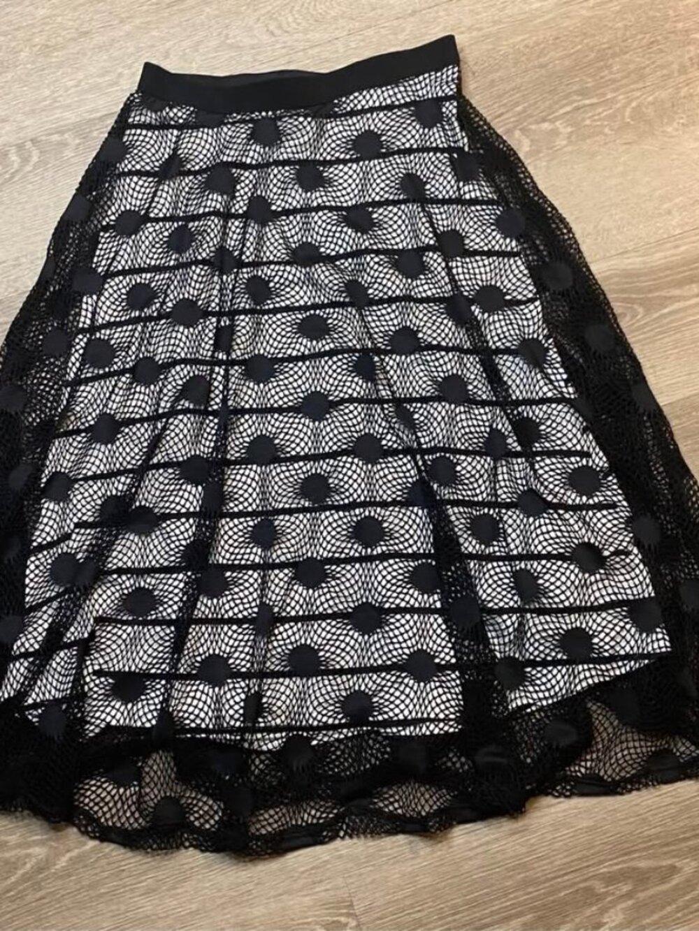 Bobeau Y2K Midi Skirt – Polka Dot Overlay, Whimsy Goth Black & White Size Small